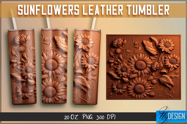 Sunflowers Leather Tumblers Wrap 20 oz | PNG File | 300 DPI Sublimation Fly Design 