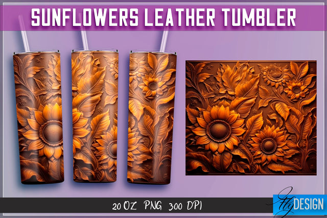 Sunflowers Leather Tumblers Wrap 20 oz | PNG File | 300 DPI Sublimation Fly Design 