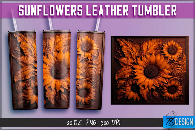 Sunflowers Leather Tumblers Wrap 20 oz | PNG File | 300 DPI Sublimation Fly Design 