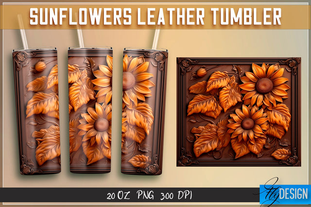 Sunflowers Leather Tumblers Wrap 20 oz | PNG File | 300 DPI Sublimation Fly Design 