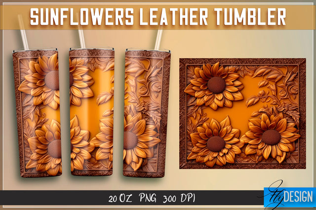Sunflowers Leather Tumblers Wrap 20 oz | PNG File | 300 DPI Sublimation Fly Design 