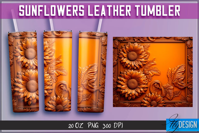 Sunflowers Leather Tumblers Wrap 20 oz | PNG File | 300 DPI Sublimation Fly Design 