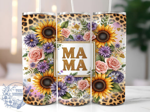 Sunflowers Mama Glitter 20oz Skinny Tumbler, Leopard Mom Life Tumbler Png, Straight & Tapered Tumbler Wrap, Instant Digital Download Sublimation ToriDesigns 