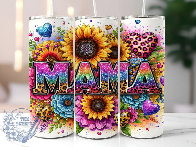 Sunflowers Mama Glitter Leopard 20oz Skinny Tumbler, Mother's Day Tumbler Png, Straight & Tapered Tumbler Wrap, Instant Digital Download Sublimation ToriDesigns 