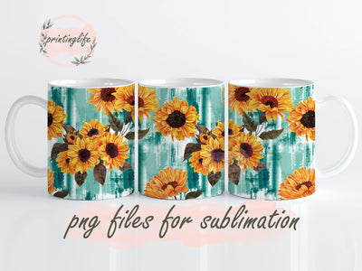 Sunflowers Mug Designs, Teal Sunflowers Mug Wrap for Women Mom Grandma, sunflower art mug, sunflower themed mug, spring mug, sunflower lover gift Sublimation PrintingLife 