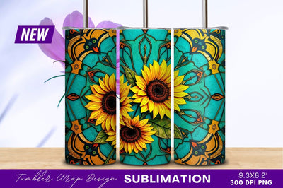 Sunflowers On Turquoise Ornamental Background Tumbler Png Sublimation Regulrcrative 