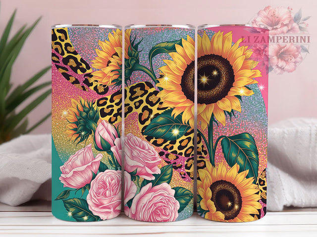 Sunflowers Roses Leopard 20oz Tumbler, Glitter Floral Tumbler, Sublimation Wrap, 20oz Tumbler Design, Mother’s Day Gift, PNG Tumbler Wrap, Mom Quote Sublimation Li Zamperini 