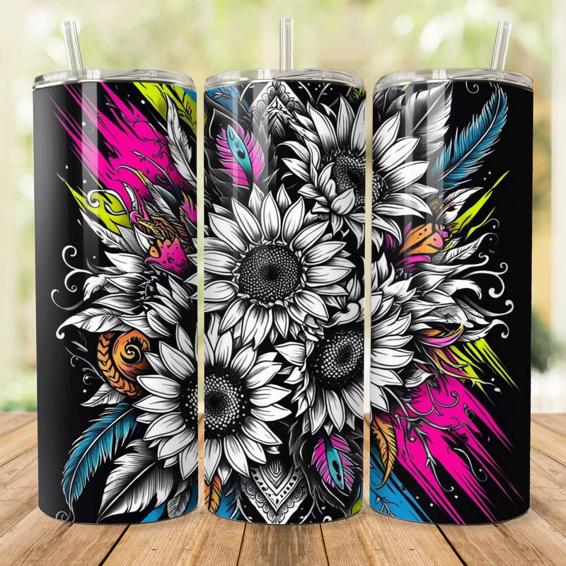 Sunflowers Tumbler Designs, Black and White Floral 20oz Skinny Tumbler Wrap, Seamless Watercolor Tumbler Template, PNG Digital Download Sublimation She Shed Craft Store 