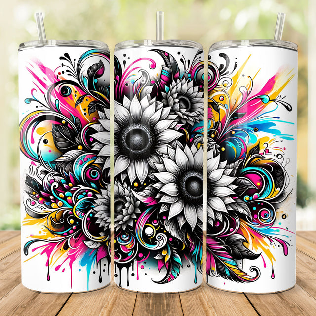 Sunflowers Tumbler Designs, Bright Pink Floral 20oz Skinny Tumbler Wrap, Seamless Watercolor Tumbler Template, PNG Digital Download Sublimation She Shed Craft Store 