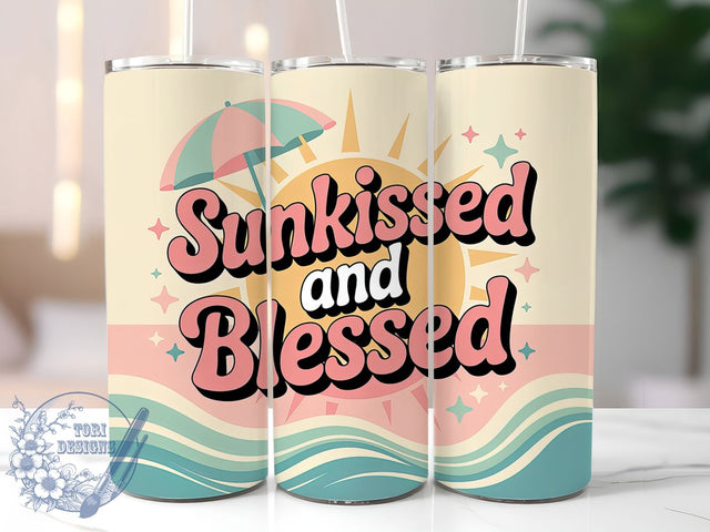 Sunkissed Blessed 20oz Tumbler, Blessed Summer Phrase, Tropical Coastal Illustration, Sublimation Tumbler Wrap, 20oz Tumbler, Fun Summer Gift, Bright Beach Style Sublimation ToriDesigns 