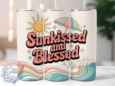 Sunkissed Blessed 20oz Tumbler, Blessed Summer Phrase, Tropical Coastal Illustration, Sublimation Tumbler Wrap, 20oz Tumbler, Fun Summer Gift, Bright Beach Style Sublimation ToriDesigns 