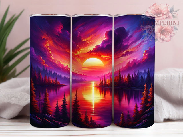 Sunrise Lake Landscape Tumbler, Scenic Nature Wrap, Seamless Landscape Design, Morning Glow Horizon, Water Reflection Pattern, Romantic Chic Style, Vibrant Outdoor Print, 20Oz Tumbler, Sublimation Sublimation Li Zamperini 