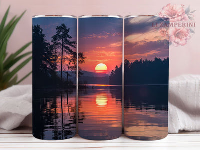Sunrise Lake Landscape Tumbler, Scenic Nature Wrap, Seamless Landscape Design, Morning Glow Horizon, Water Reflection Pattern, Romantic Chic Style, Vibrant Outdoor Print, 20Oz Tumbler, Sublimation Sublimation Li Zamperini 