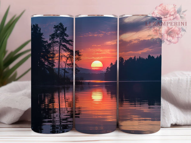 Sunrise Lake Landscape Tumbler, Scenic Nature Wrap, Seamless Landscape Design, Morning Glow Horizon, Water Reflection Pattern, Romantic Chic Style, Vibrant Outdoor Print, 20Oz Tumbler, Sublimation Sublimation Li Zamperini 