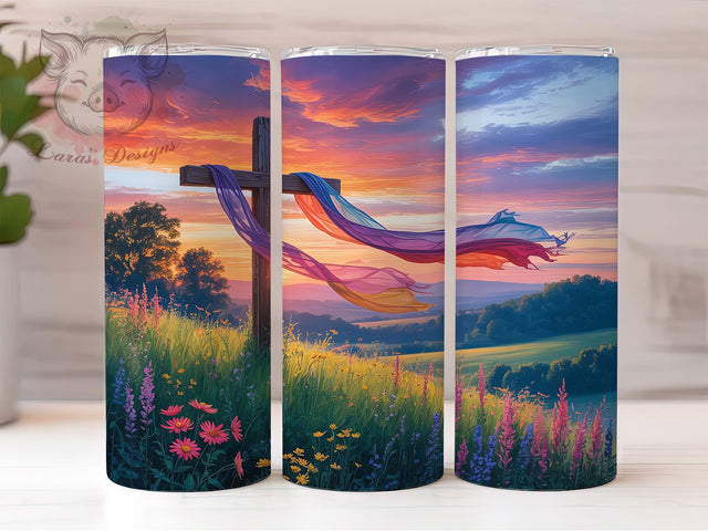 Sunrise Wildflower Faith Cross Tumbler, Wildflower Meadow Tumbler, Stylish 20oz Wrap, Sublimation Design, Trendy Gift Idea, Faith Cross Wrap, Inspirational Nature Tumbler Sublimation Lara' s Designs 