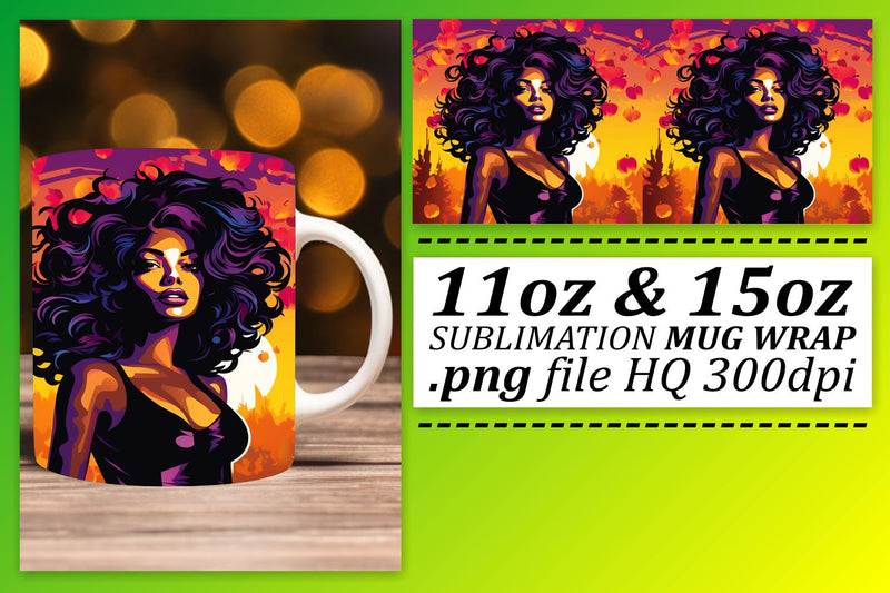 Sunset Afro Woman Mug Wrap 11oz 15oz Sublimation afrosvg 
