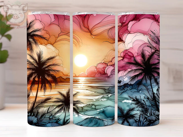 Sunset at the beach 20oz Tumbler Png, Sublimation Design, Alcohol ink Ocean Palms Summer Tumbler Png, Digital Download PNG Sublimation Lara' s Designs 