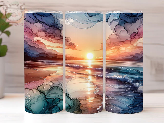 Sunset at the beach 20oz Tumbler Png, Sublimation Design, Alcohol ink Ocean Palms Summer Tumbler Png, Digital Download PNG Sublimation Lara' s Designs 