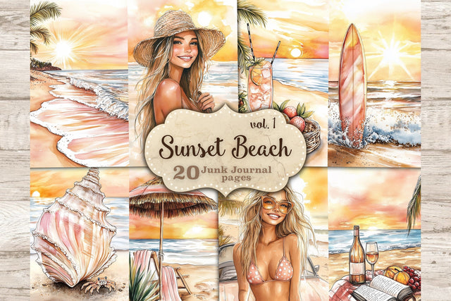 Sunset Beach Junk Journal Pages | Ocean Scrapbook Kit SVG GlamArtZhanna 