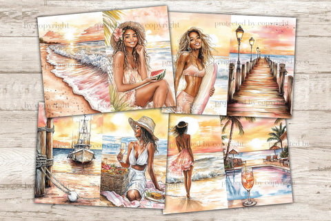 Sunset Beach Junk Journal Pages | Tropical Islands Collage SVG GlamArtZhanna 