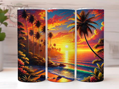Sunset Beach Scene 20oz Tumbler, Beach Scene Tumbler, 20oz Wrap, Sublimation Tumbler, Coastal Decor, Ocean Sunset Gift, Tropical Tumbler Design Sublimation Lara' s Designs 