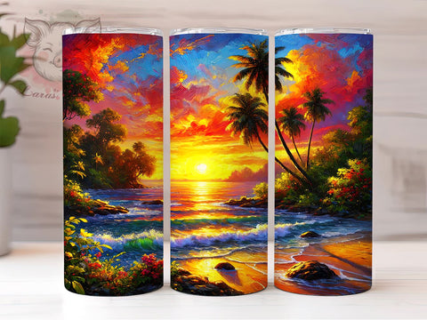 Sunset Beach Scene 20oz Tumbler, Beach Scene Tumbler, 20oz Wrap, Sublimation Tumbler, Coastal Decor, Ocean Sunset Gift, Tropical Tumbler Design Sublimation Lara' s Designs 