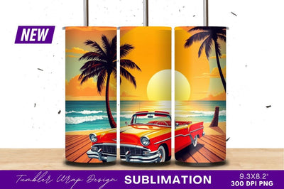 Sunset beach with classic car tumbler png Sublimation Regulrcrative 