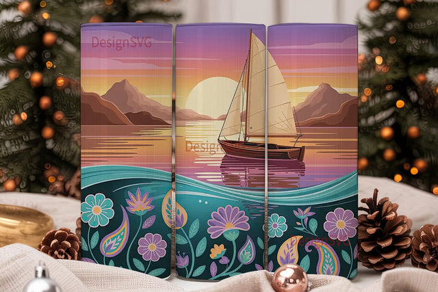Sunset Boat Mandala 20oz Tumbler Wrap Sublimation DesignSVG 