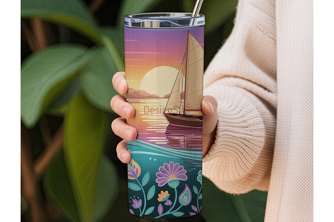 Sunset Boat Mandala 20oz Tumbler Wrap Sublimation DesignSVG 