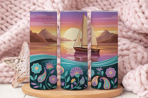 Sunset Boat Mandala 20oz Tumbler Wrap Sublimation DesignSVG 