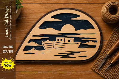 Sunset Boat Scene SVG | Ocean Landscape Laser Cut File | Glowforge CNC DXF PNG EPS SVG Regulrcrative 