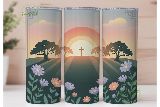 Sunset Cross & Flowers 20oz Tumbler Wrap Sublimation PixelChick 