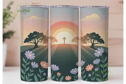 Sunset Cross & Flowers 20oz Tumbler Wrap Sublimation PixelChick 