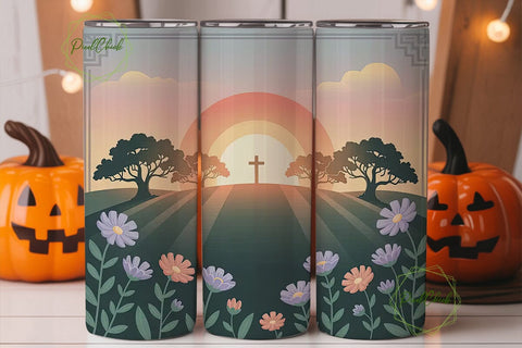 Sunset Cross & Flowers 20oz Tumbler Wrap Sublimation PixelChick 