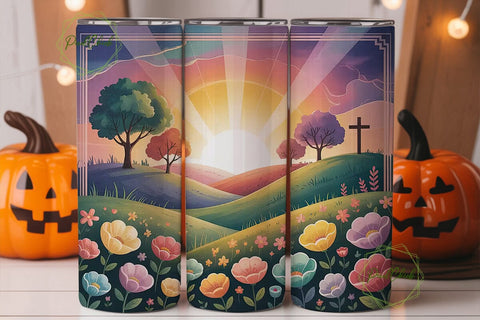 Sunset Cross & Flowers 20oz Tumbler Wrap Sublimation PixelChick 