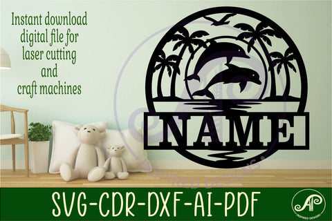 sunset dolphins name sign svg laser SVG APInspireddesigns 