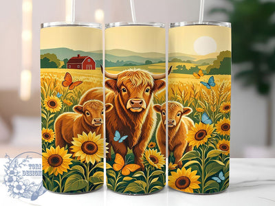 Sunset Highland Family 20oz Tumbler, Highland Cow, Family Motif, Sunset Theme, Rustic Charm, Pastoral Style, Skinny Tumbler, Sublimation PNG Sublimation ToriDesigns 