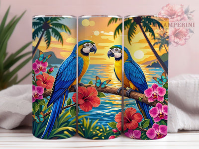 Sunset Macaw Paradise 20oz Tumbler, Macaw Motif, Sunset Theme, Paradise Art Design, Tropical Accent, Vibrant Charm, Sublimation Wrap, 20oz Tumbler Sublimation Li Zamperini 