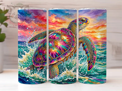 Sunset Mosaic Turtle 20oz Tumbler, Sunset Turtle Motif, Mosaic Art Design, Ocean Theme, Vibrant Accent, Whimsical Charm, Sublimation Wrap, 20oz Tumbler Sublimation Lara' s Designs 