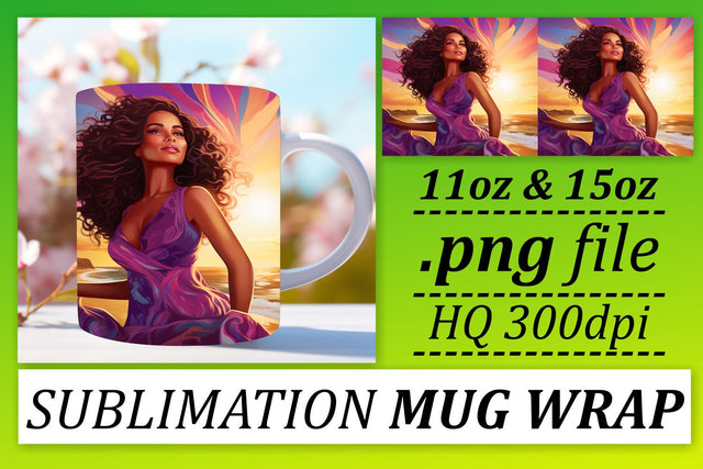 Sunset Mug Wrap Afro Woman Design Sublimation afrosvg 