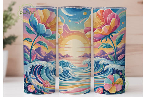 Sunset Ocean Floral 20oz Tumbler Wrap Sublimation PixelChick 