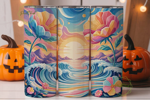 Sunset Ocean Floral 20oz Tumbler Wrap Sublimation PixelChick 