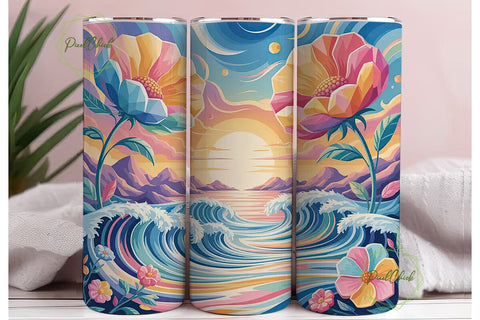 Sunset Ocean Floral 20oz Tumbler Wrap Sublimation PixelChick 