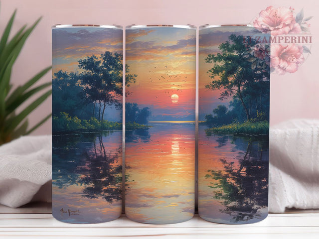 Sunset Reflection Landscape Tumbler, Colorful Water Reflection, Scenic Nature Wrap, Romantic Evening Glow, Vibrant Horizon Design, Seamless Artistic Print, Coastal Chic Style, 20Oz Tumbler, Sublimation Sublimation Li Zamperini 