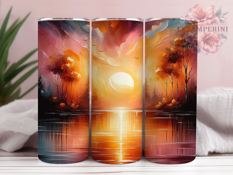 Sunset Reflection Landscape Tumbler, Colorful Water Reflection, Scenic Nature Wrap, Romantic Evening Glow, Vibrant Horizon Design, Seamless Artistic Print, Coastal Chic Style, 20Oz Tumbler, Sublimation Sublimation Li Zamperini 