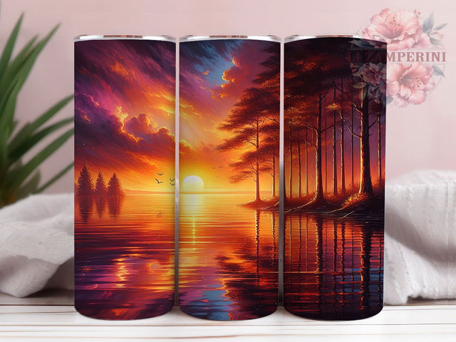 Sunset Reflection Landscape Tumbler, Colorful Water Reflection, Scenic Nature Wrap, Romantic Evening Glow, Vibrant Horizon Design, Seamless Artistic Print, Coastal Chic Style, 20Oz Tumbler, Sublimation Sublimation Li Zamperini 
