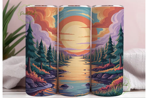 Sunset River Landscape Tumbler Wrap Sublimation PixelChick 