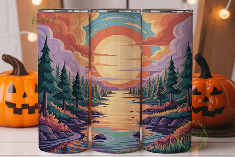 Sunset River Landscape Tumbler Wrap Sublimation PixelChick 
