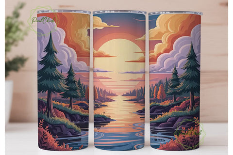 Sunset River Landscape Tumbler Wrap Sublimation PixelChick 
