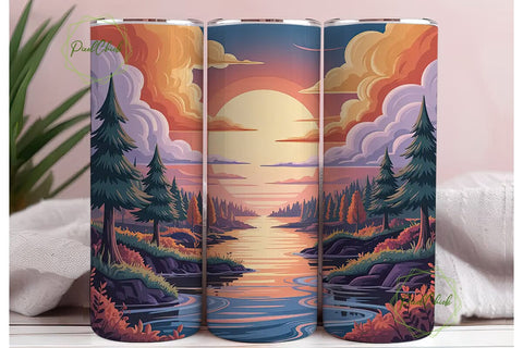 Sunset River Landscape Tumbler Wrap Sublimation PixelChick 